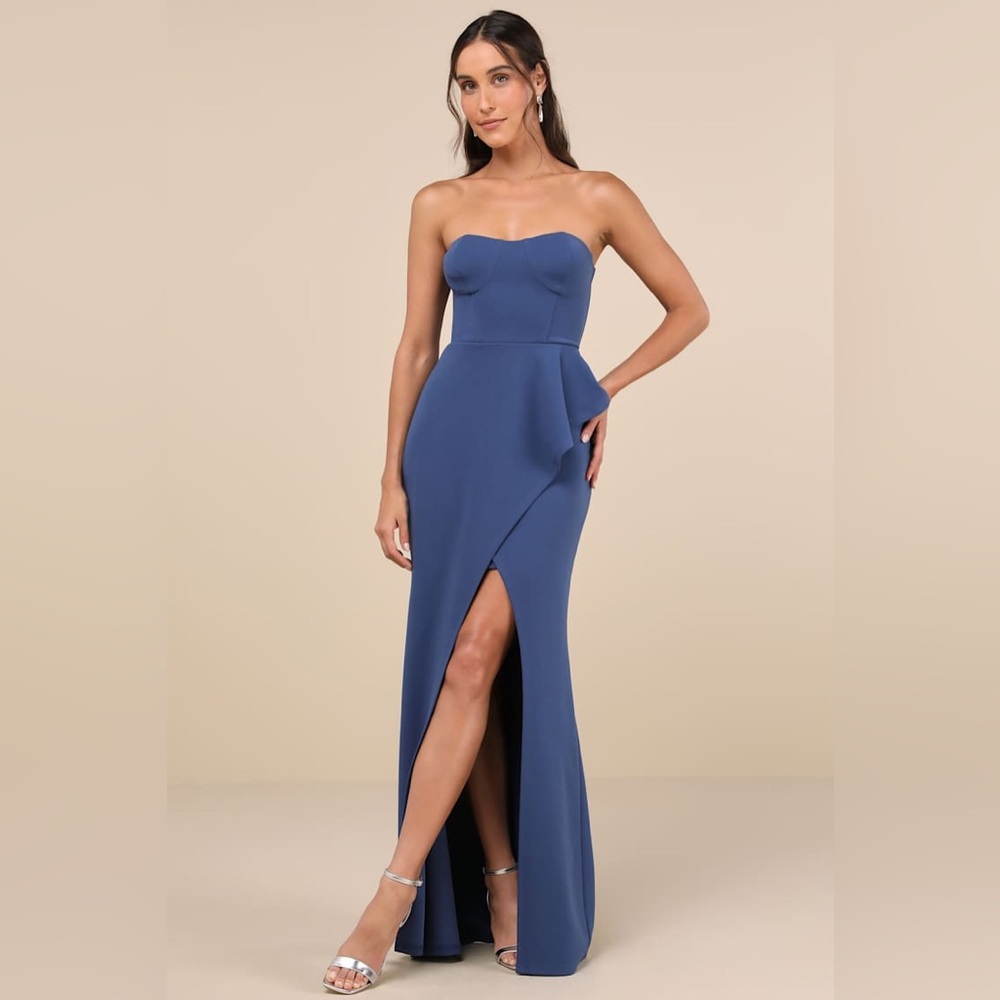 Lulu's Stunning Splendor Blue Bustier Tulip Maxi Dress S - Picture 4 of 8